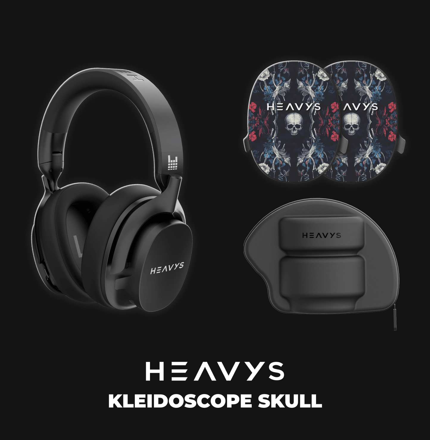 Black headphones with HEAVYS branding on a black background