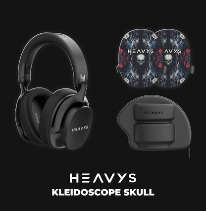 Black headphones with HEAVYS branding on a black background