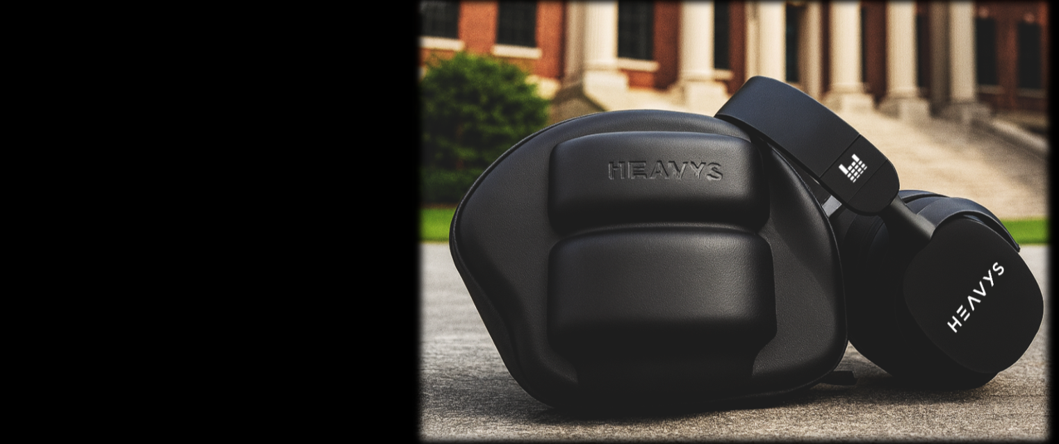 headphones 'HEAVYS' on a blurred outdoor background school university